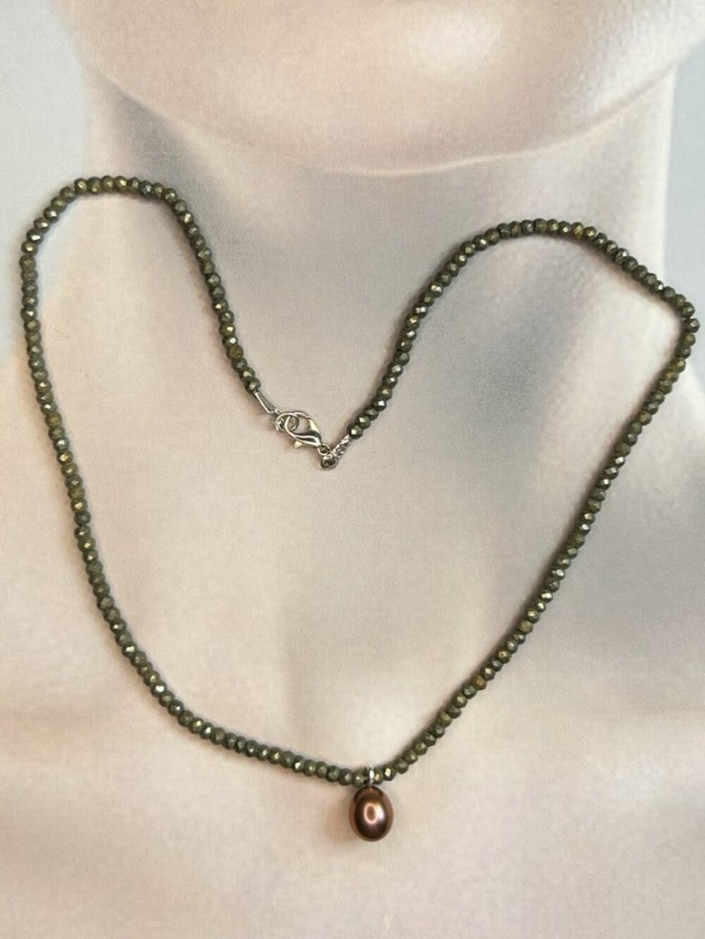 Natural Pyrite Crystal Beads with Freshwater Pearl Necklace.